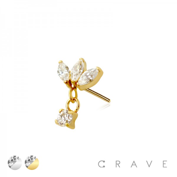 316L SURGICAL STEEL THREADLESS PUSH IN TRIPLE MARQUISE FAN ROUND BEZEL DANGLE CZ TOP PART
